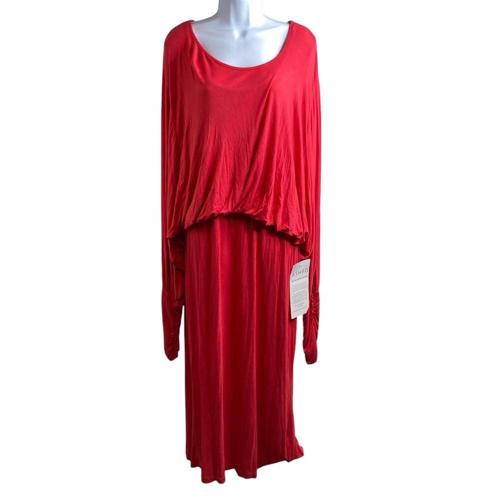 Ashro Women's Red Draped Jersey Maxi Dress Size 18‎ Batwing Sleeves Boho Flowy